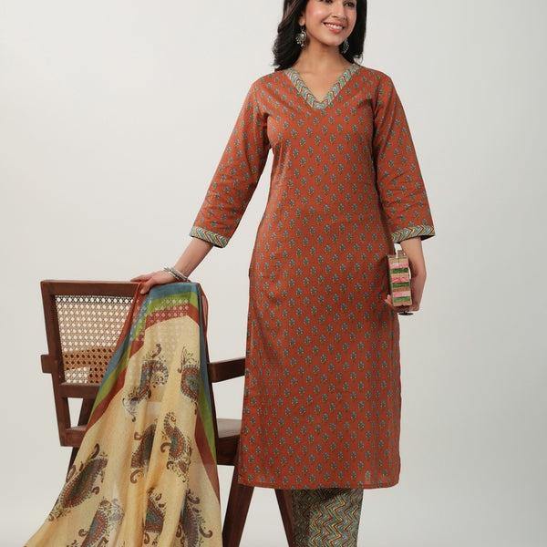 Janasya Regular Cambric Brown Floral V-Neck Set - Distacart