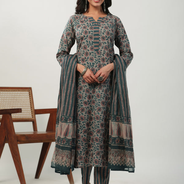 Janasya Straight Cambric Beige Floral Notch Neck Kurta Set - Distacart