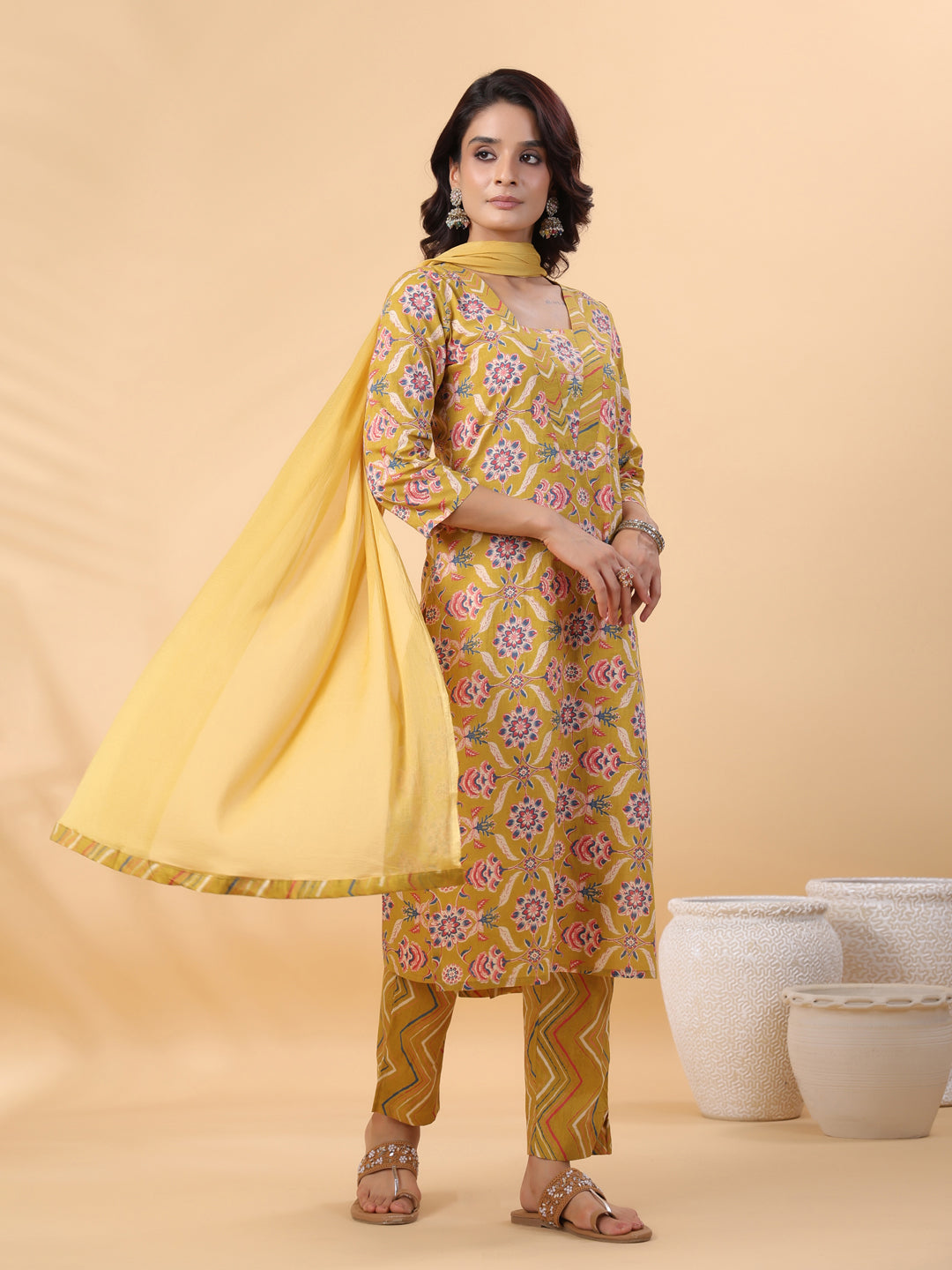 Janasya Straight Cambric Mustard Floral V-Neck Kurta,Bottom & Dupatta - Distacart