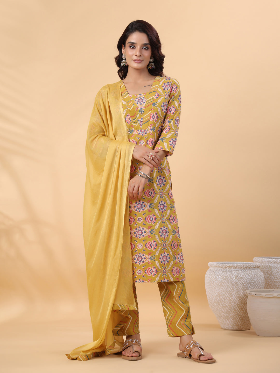 Janasya Straight Cambric Mustard Floral V-Neck Kurta,Bottom & Dupatta - Distacart