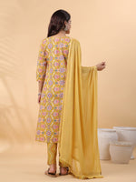 Thumbnail for Janasya Straight Cambric Mustard Floral V-Neck Kurta,Bottom & Dupatta