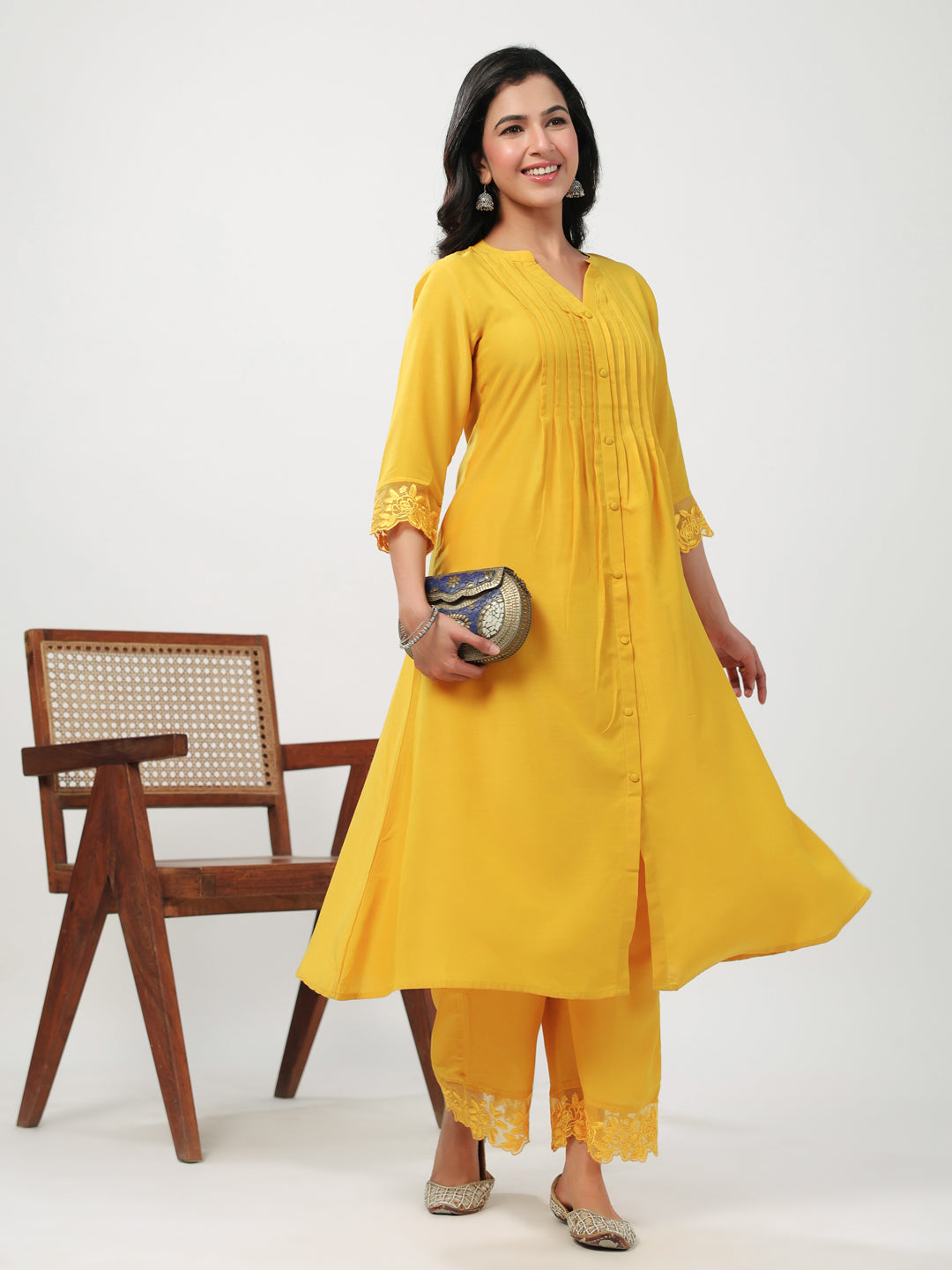 Janasya A-Line Muslin Yellow Embroidered V-Neck with Band Collar Kurta & Bottom - Distacart