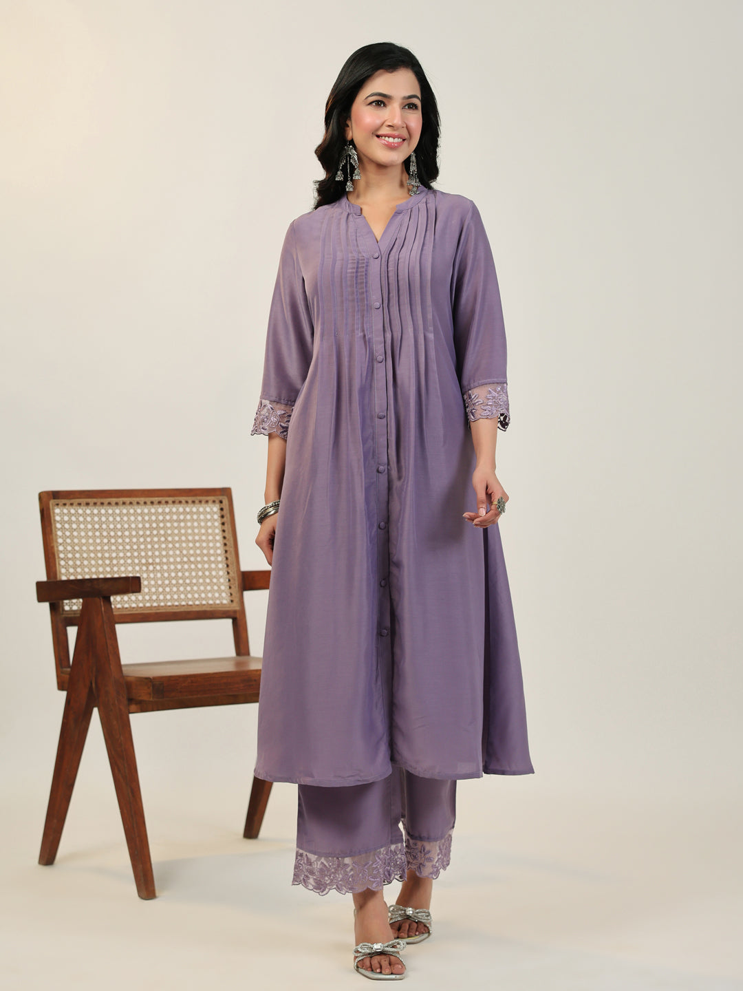 Janasya A-Line Muslin Lavender Solid V-Neck with Band Collar Kurta & Bottom - Distacart