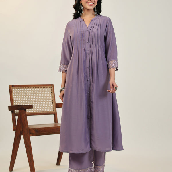 Janasya A-Line Muslin Lavender Solid V-Neck with Band Collar Kurta & Bottom - Distacart