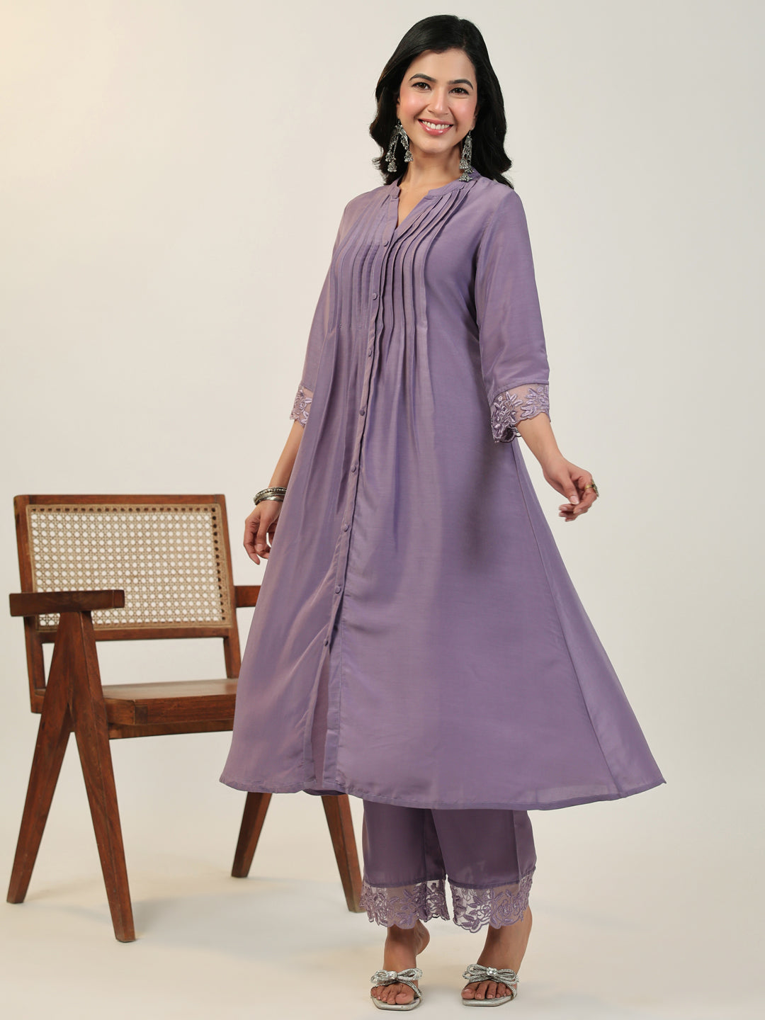 Janasya Dark Muslin Embroidered A-Line Kurta Set