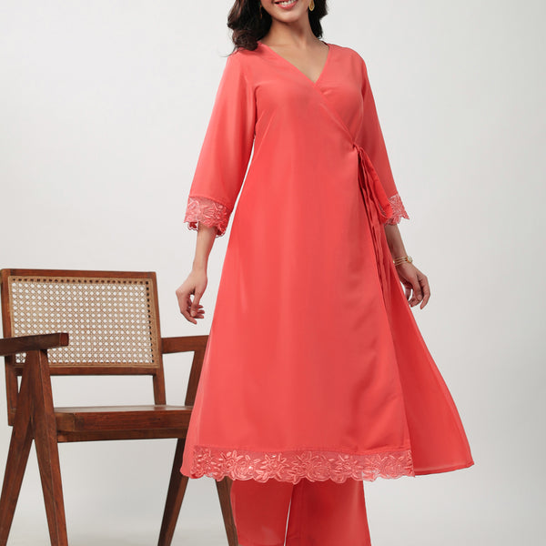 Janasya Angrakha Muslin Peach Solid V-Neck Kurta & Bottom - Distacart