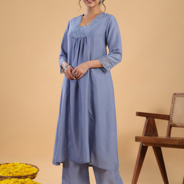 Janasya Gathering Muslin Blue Solid V-Neck Set - Distacart