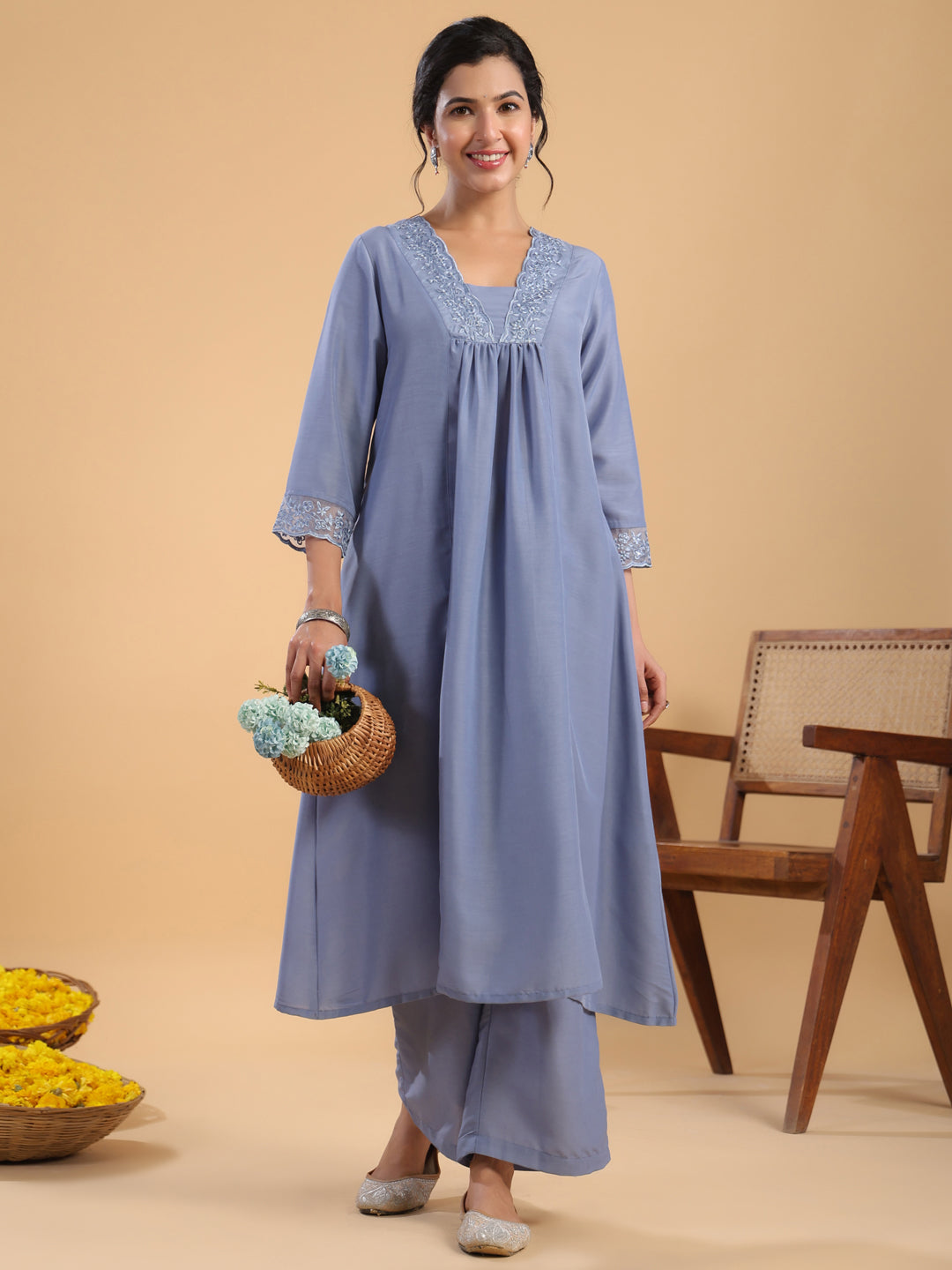 Janasya Gathering Muslin Blue Solid V-Neck Set - Distacart