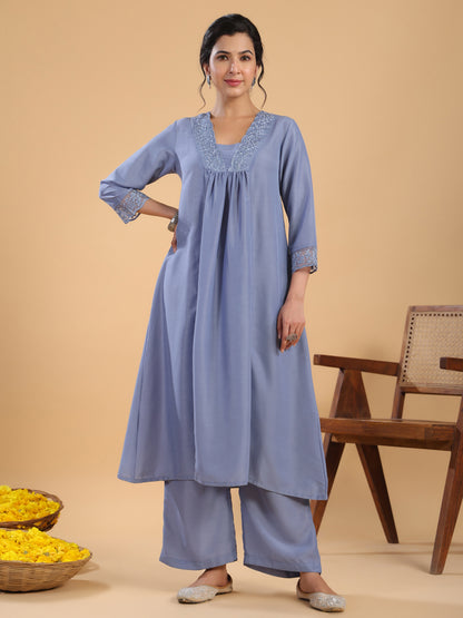 Janasya Gathering Muslin Blue Solid V-Neck Set - Distacart