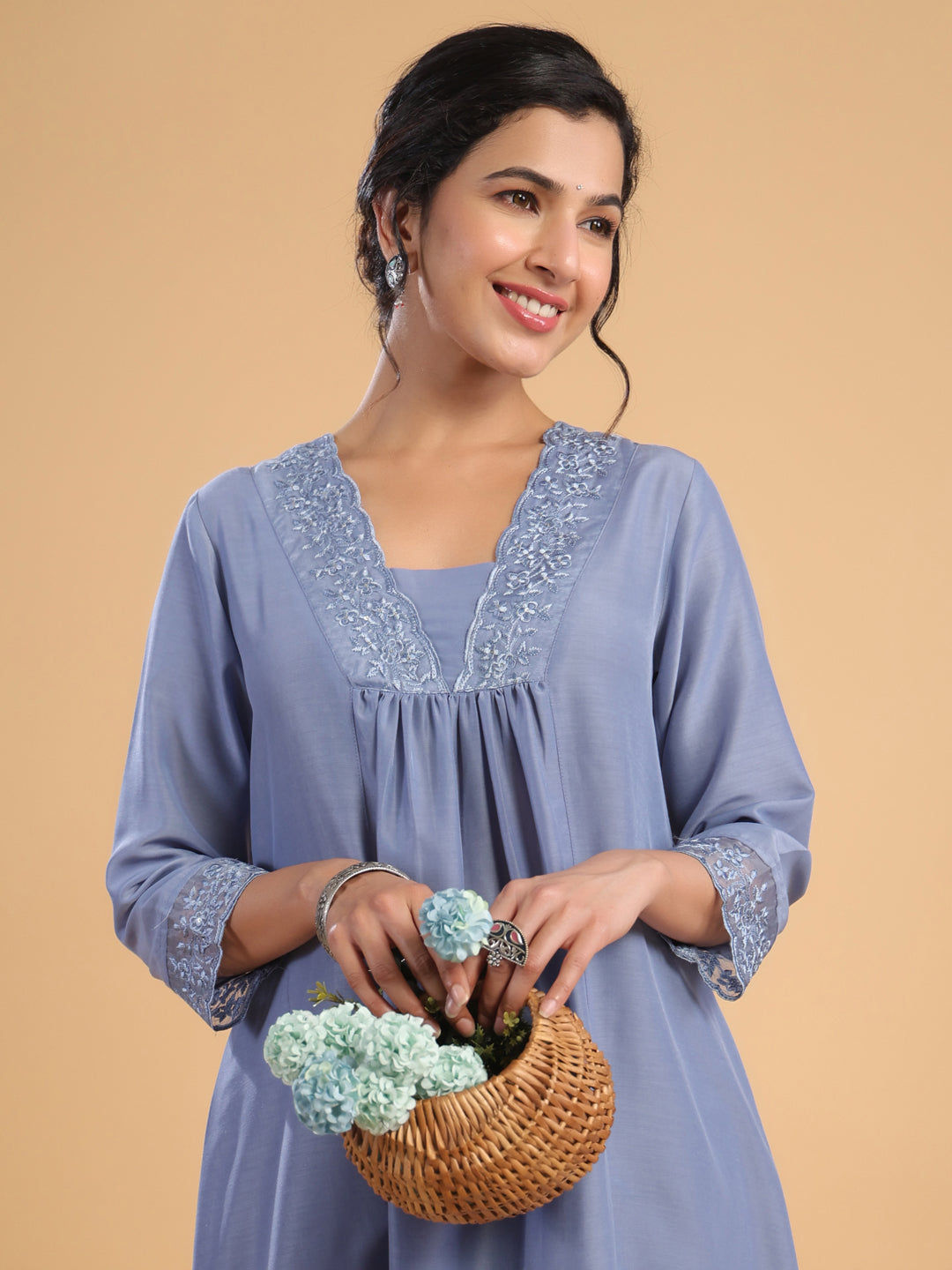 Janasya Gathering Muslin Blue Solid V-Neck Set - Distacart