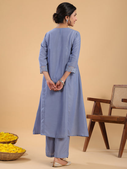 Janasya Gathering Muslin Blue Solid V-Neck Set - Distacart