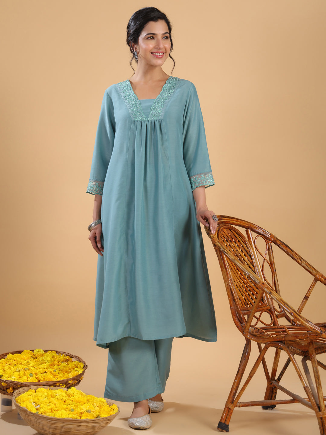 Janasya Gathering Muslin Sage Yoke Embroidery V-Neck Kurta Set - Distacart