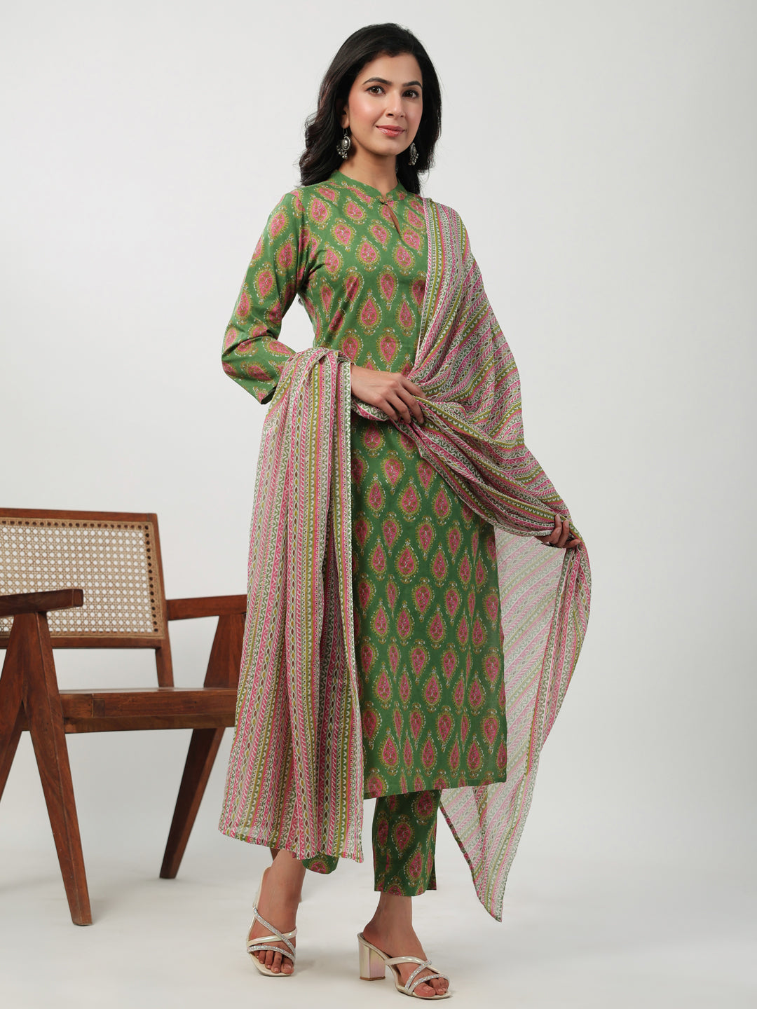Janasya Green Cambric Ethnic Motifs Kurta,Bottom & Dupatta - Distacart