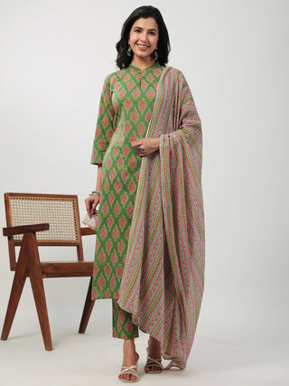 Janasya Straight Cambric Green Ethnic Motifs Band Collar Kurta,Bottom & Dupatta - Distacart