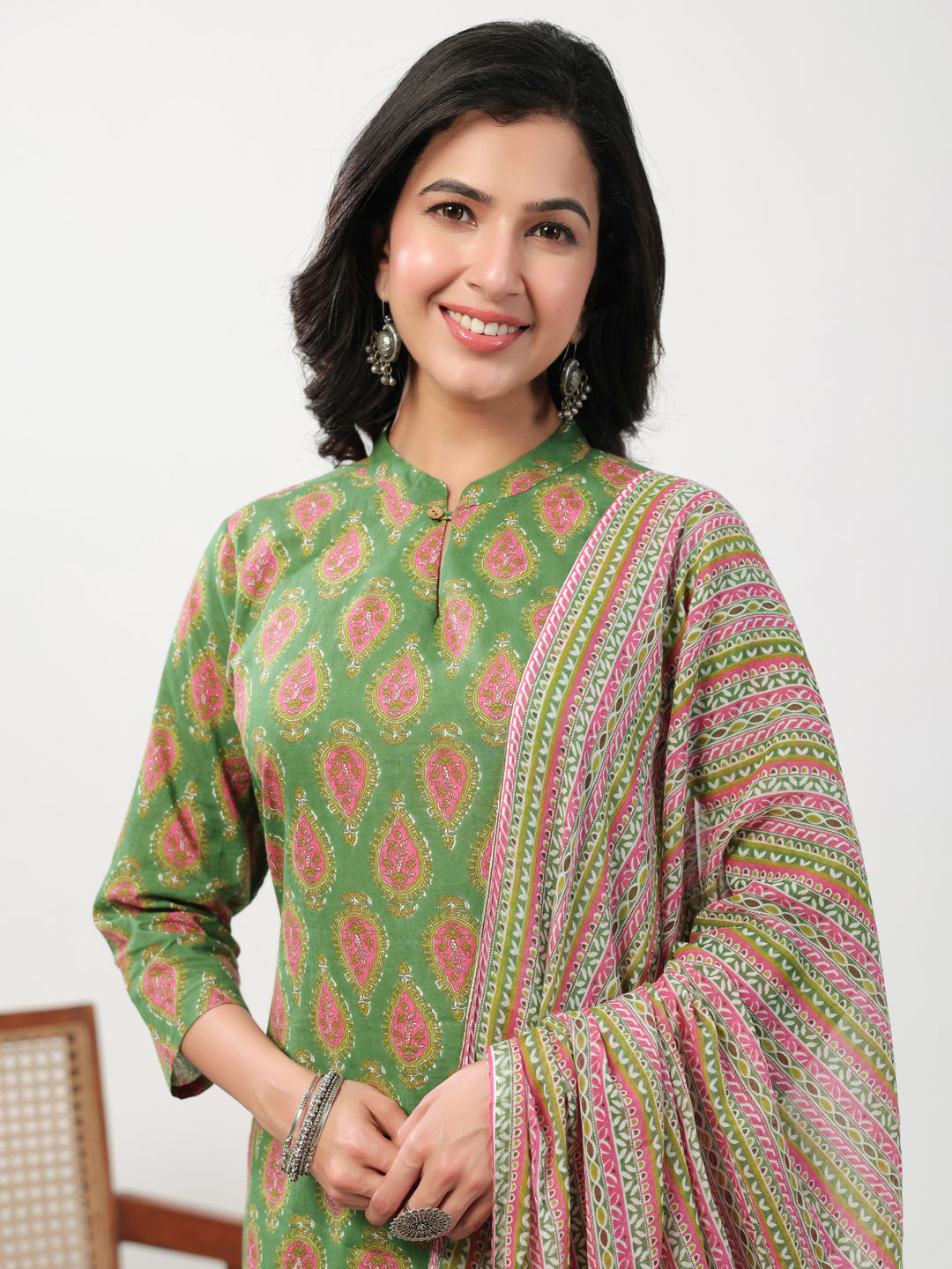 Janasya Green Cambric Ethnic Motifs Kurta,Bottom & Dupatta