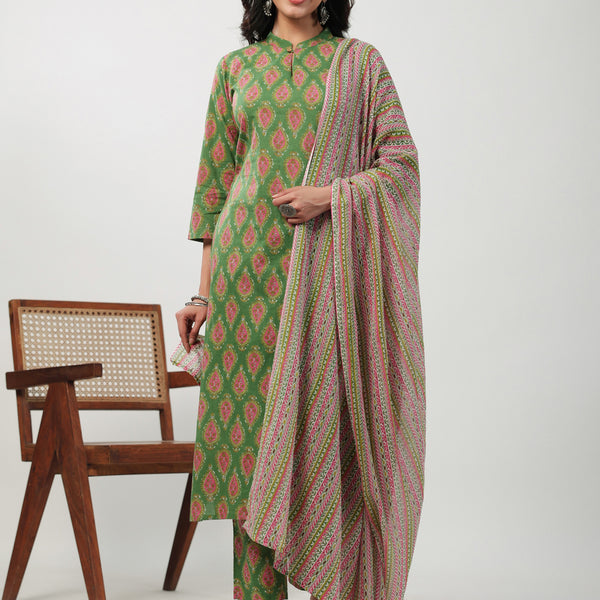 Janasya Green Cambric Ethnic Motifs Kurta,Bottom & Dupatta - Distacart