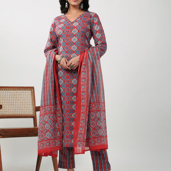 Janasya Straight Cambric Red Ethnic Motifs V-Neck Set - Distacart