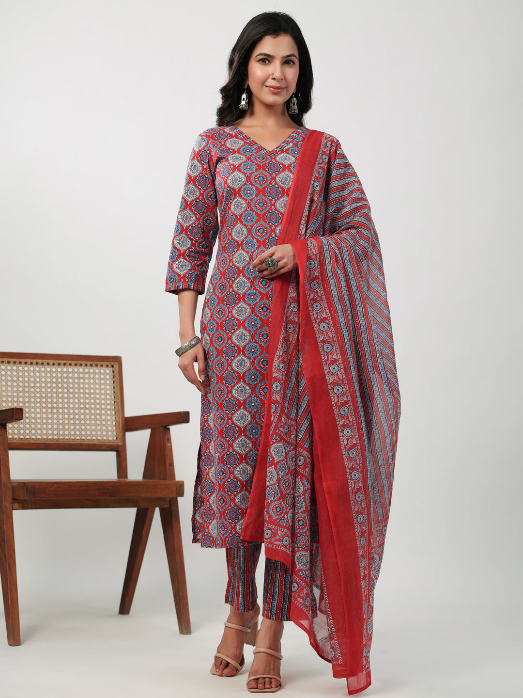 Janasya Straight Cambric Red Ethnic Motifs V-Neck Set - Distacart