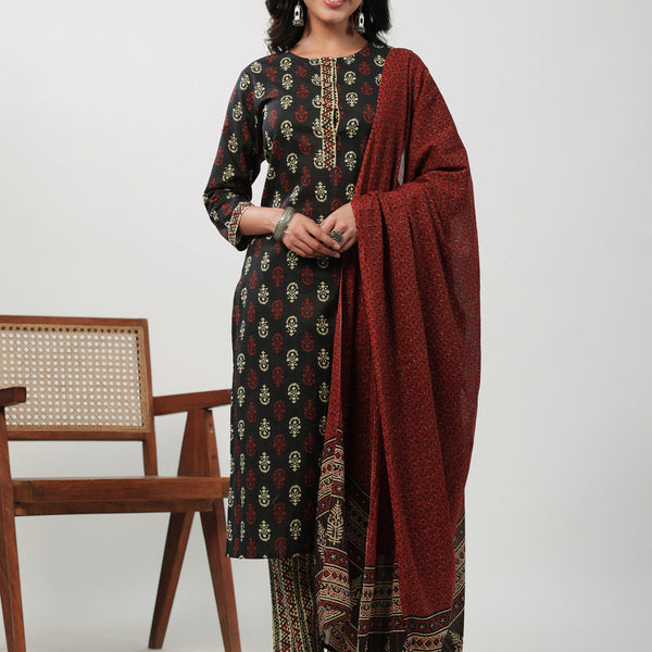 Janasya Straight Cambric Black Ethnic Motifs Round Neck Set - Distacart