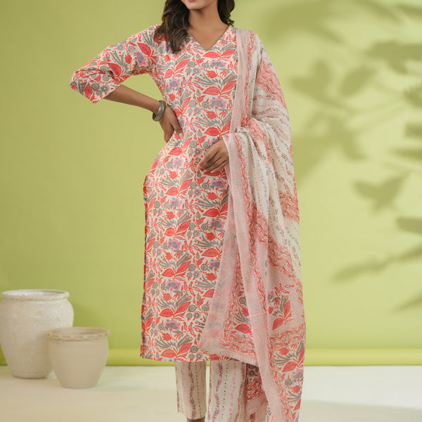 Janasya Straight Cambric Off White Floral V-Neck Set - Distacart