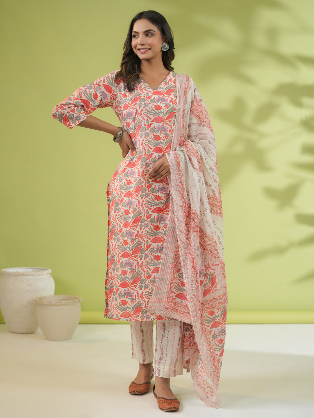 Janasya Straight Cambric Off White Floral V-Neck Set - Distacart