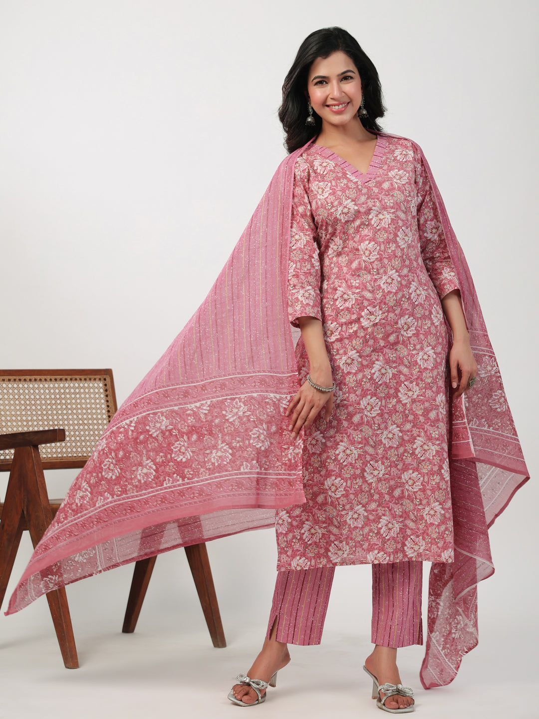 Janasya Straight Cambric Pink Floral V-Neck Set - Distacart