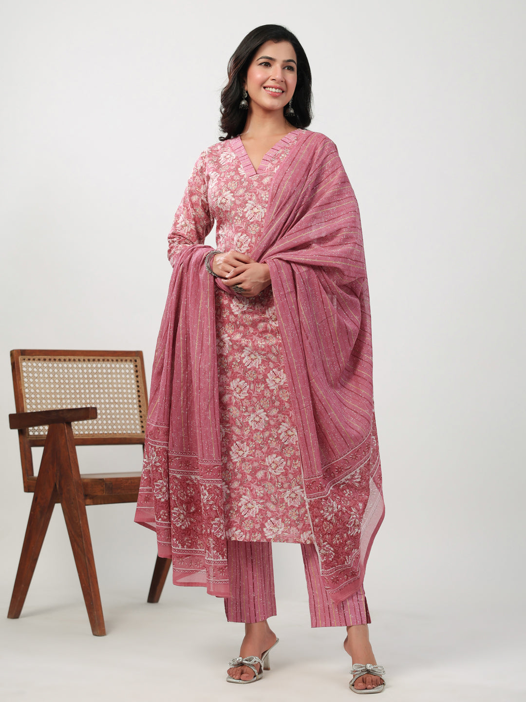 Janasya Straight Cambric Pink Floral V-Neck Set - Distacart