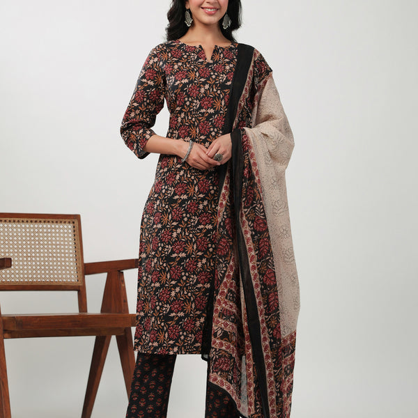 Janasya Straight Cambric Black Floral Notch Neck Kurta,Bottom & Dupatta - Distacart