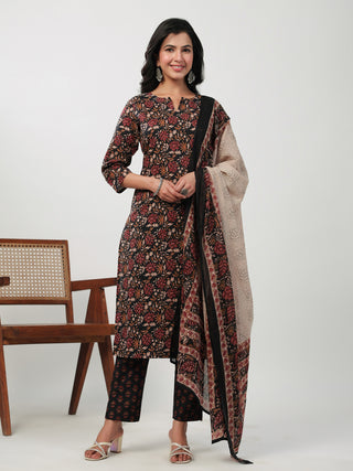 Janasya Straight Cambric Black Floral Notch Neck Kurta,Bottom & Dupatta - Distacart
