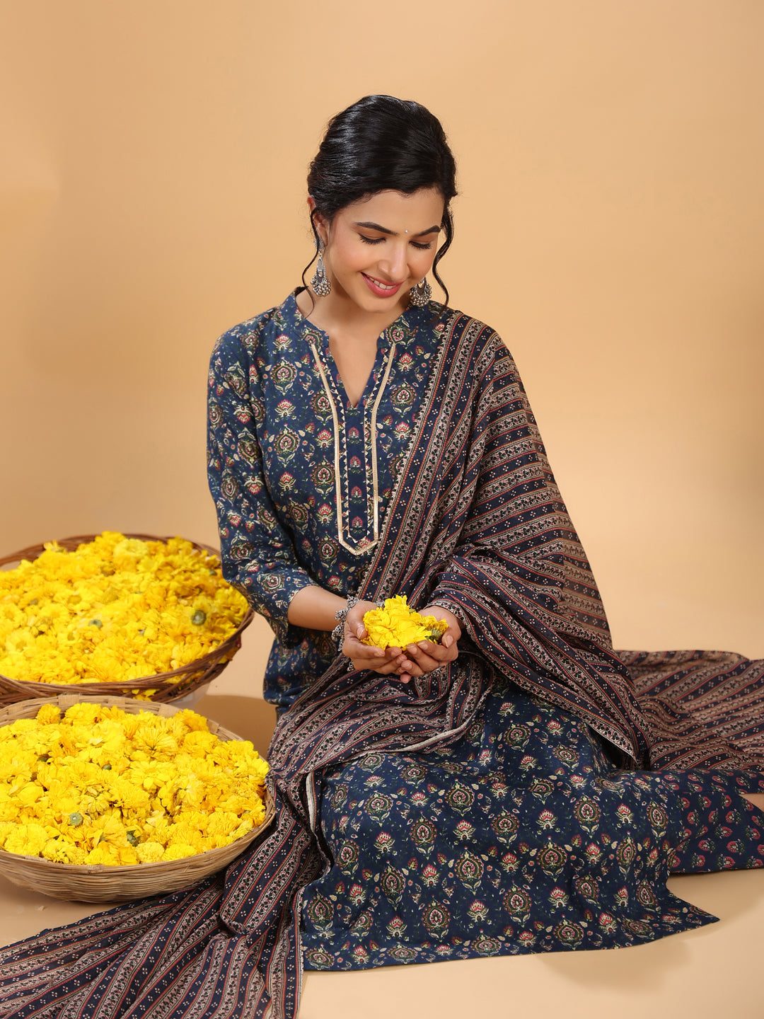 Janasya Straight Cambric Dark Blue Ethnic Motifs Band Collar Kurta,Bottom & Dupatta - Distacart