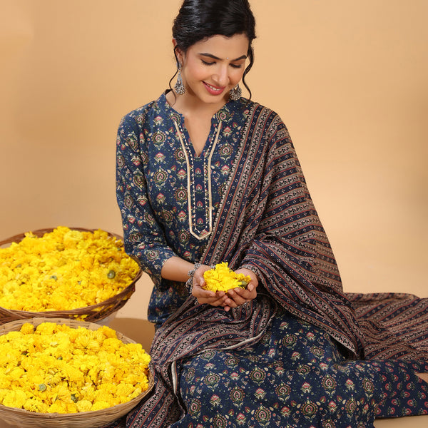 Janasya Straight Cambric Dark Blue Ethnic Motifs Band Collar Kurta,Bottom & Dupatta - Distacart