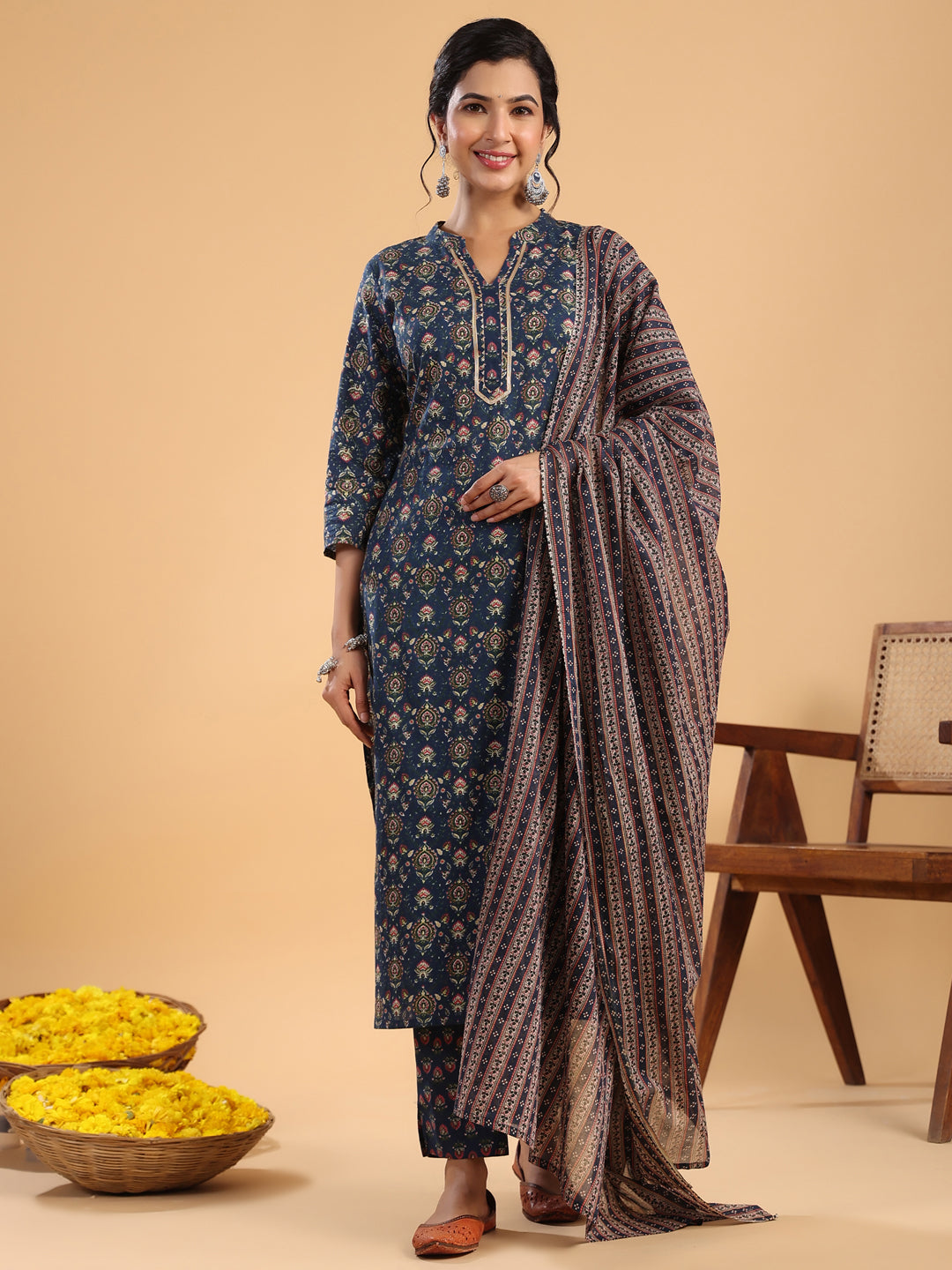 Janasya Straight Cambric Dark Blue Ethnic Motifs Band Collar Kurta,Bottom & Dupatta - Distacart