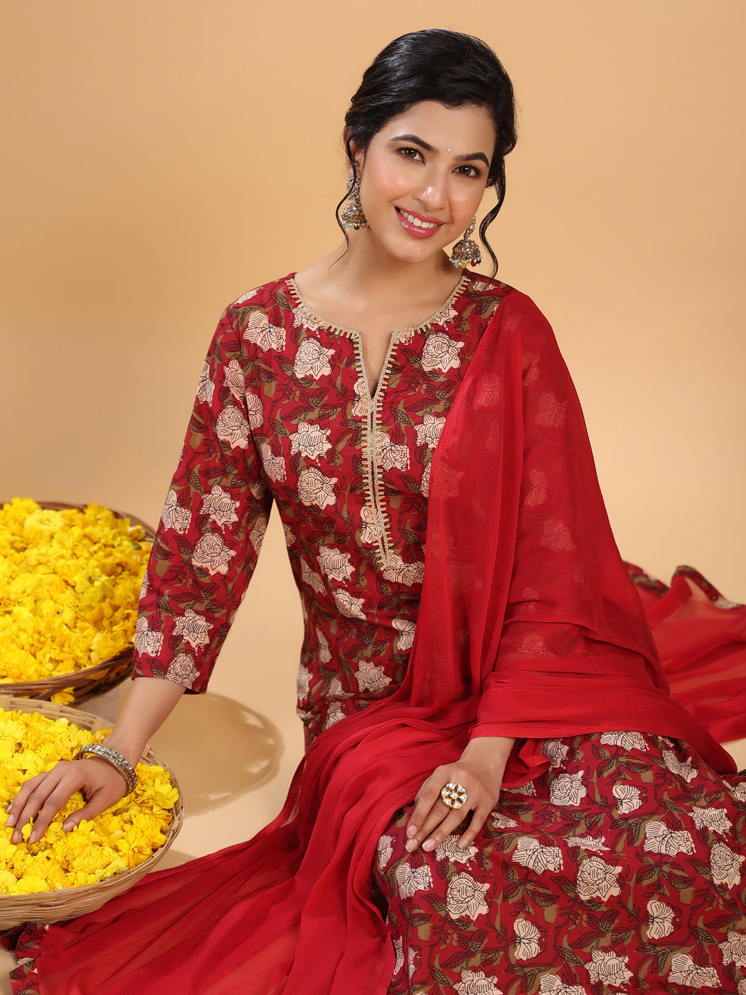 Janasya Regular Cambric Maroon Striped Notch Neck Set - Distacart