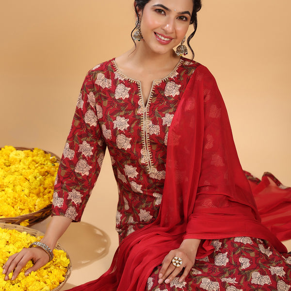 Janasya Regular Cambric Maroon Striped Notch Neck Set - Distacart