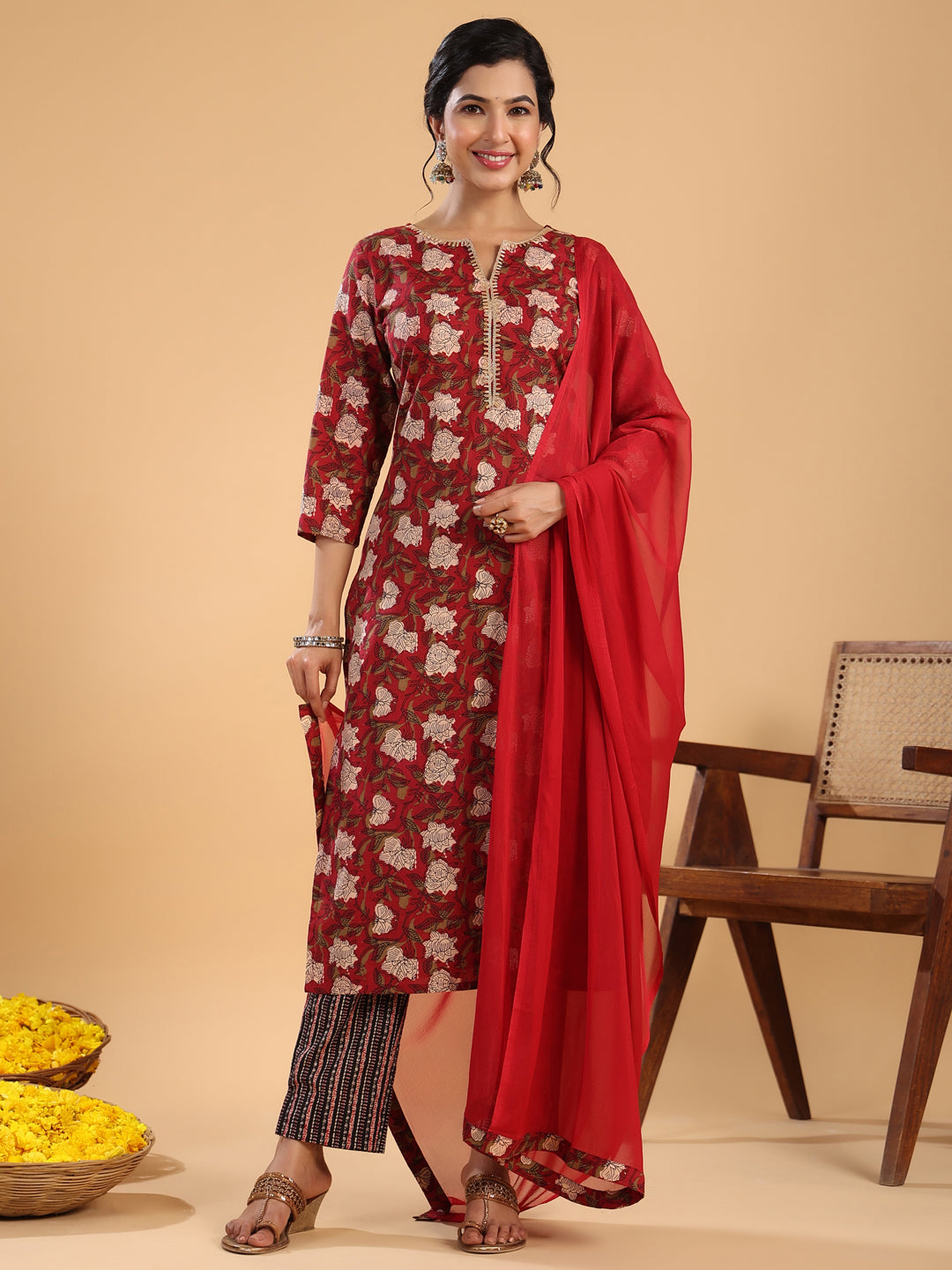 Janasya Regular Cambric Maroon Striped Notch Neck Set - Distacart