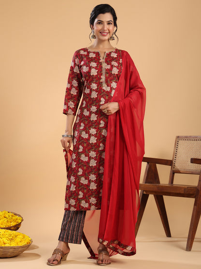 Janasya Regular Cambric Maroon Striped Notch Neck Set - Distacart