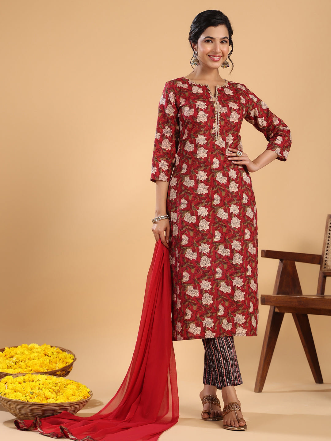 Janasya Regular Cambric Maroon Striped Notch Neck Set - Distacart
