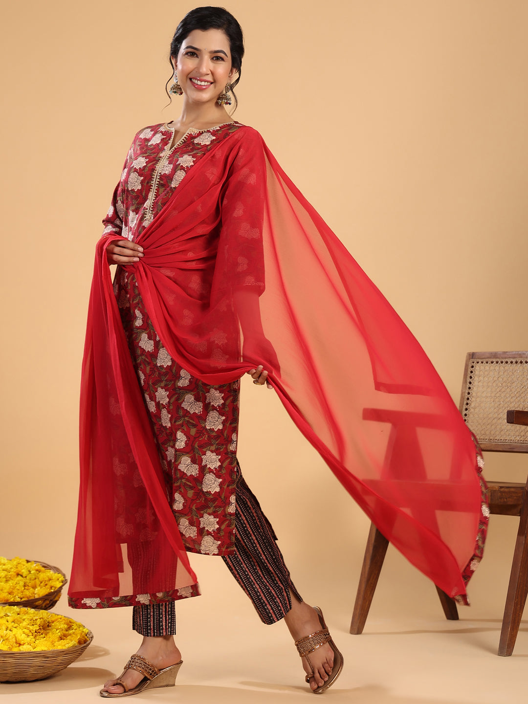 Janasya Regular Cambric Maroon Striped Notch Neck Set - Distacart
