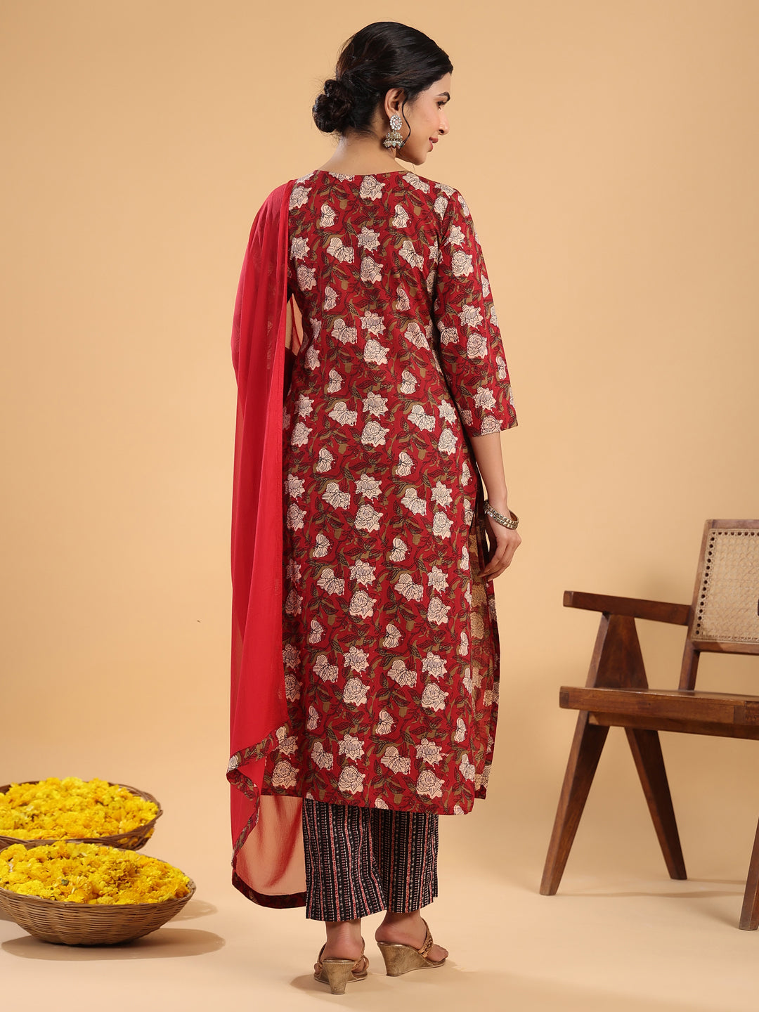 Janasya Regular Cambric Maroon Striped Notch Neck Set - Distacart