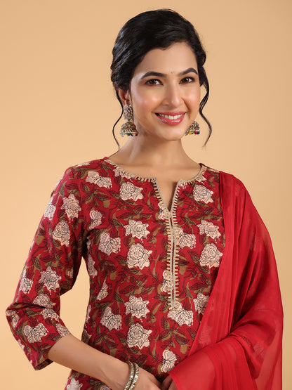 Janasya Regular Cambric Maroon Striped Notch Neck Set - Distacart