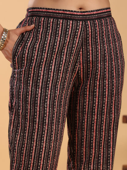 Janasya Regular Cambric Maroon Striped Notch Neck Set - Distacart