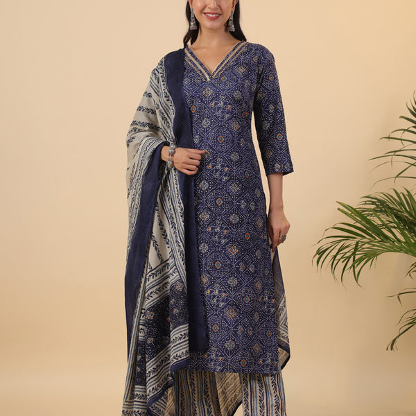 Janasya Straight Cambric Dark Blue Bandhani V-Neck with Band Collar Kurta Set - Distacart