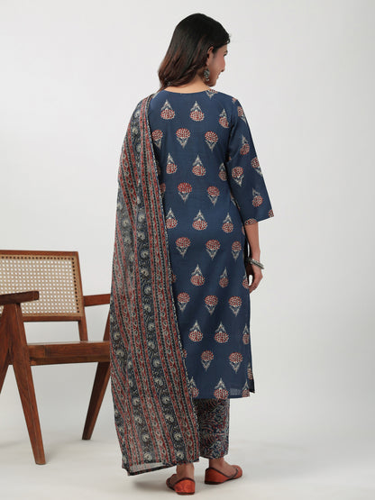 Janasya Regular Cambric Indigo Floral Notch Neck Kurta Set - Distacart
