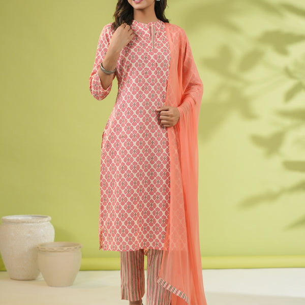 Janasya Straight Cambric Peach Floral Band Collar Set - Distacart