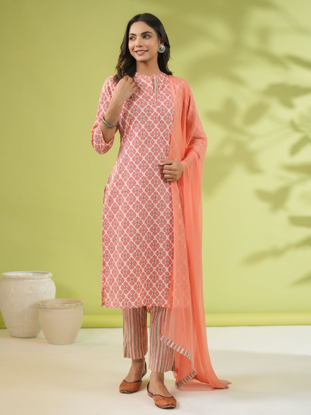 Janasya Straight Cambric Peach Floral Band Collar Set - Distacart