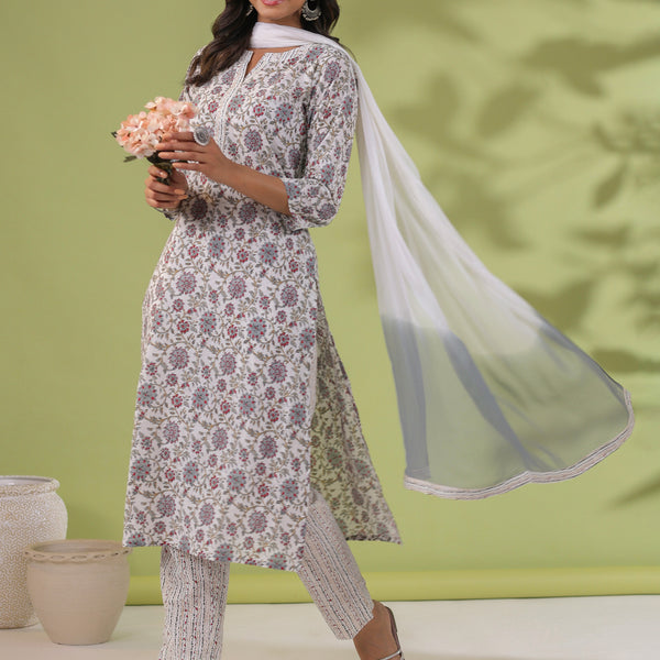 Janasya Regular Cambric White Floral Notch Neck Set - Distacart
