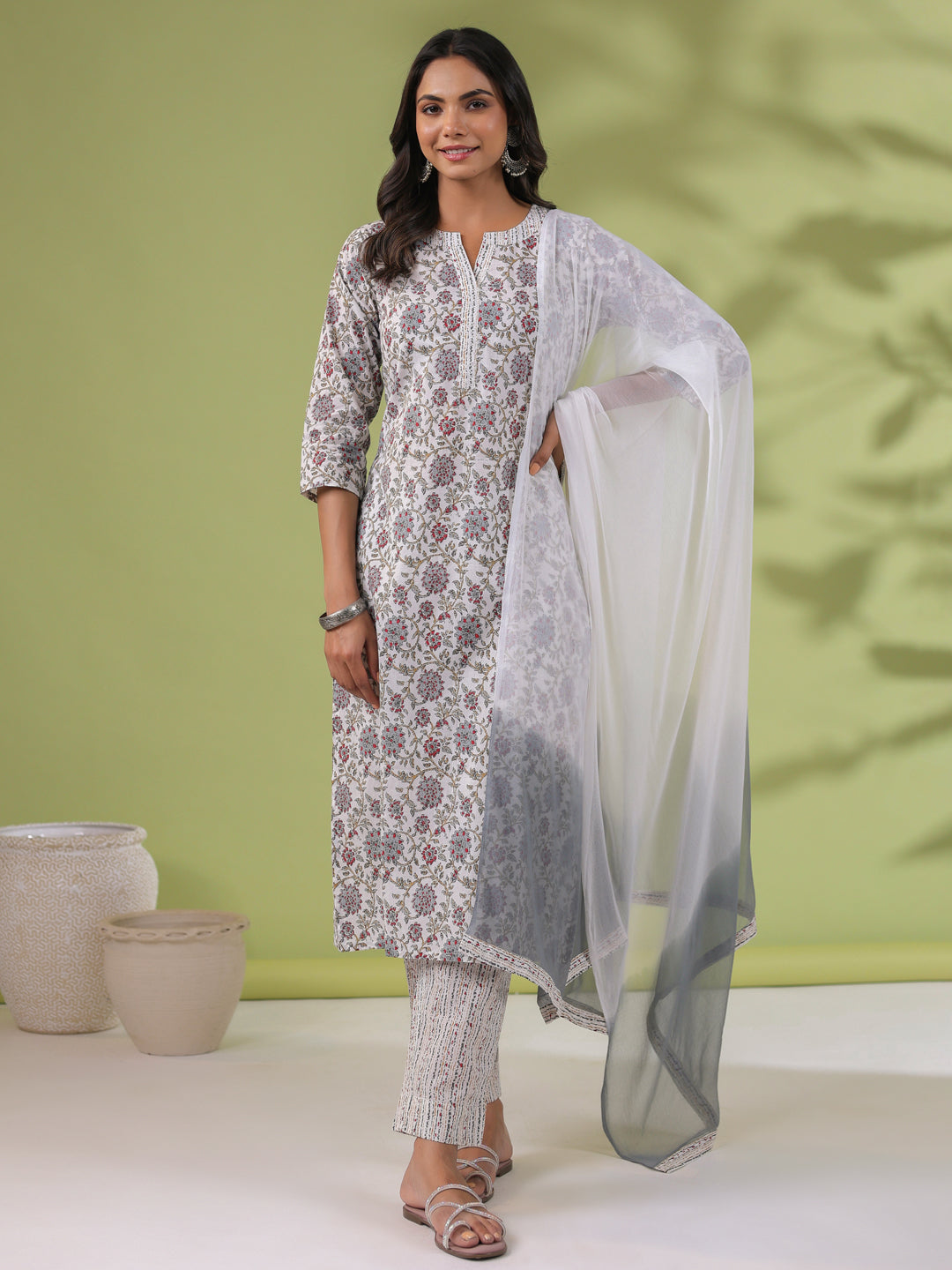 Janasya Regular Cambric White Floral Notch Neck Set - Distacart