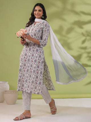 Janasya Regular Cambric White Floral Notch Neck Set - Distacart