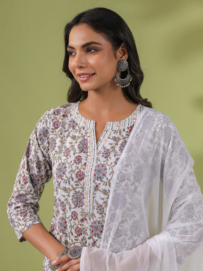 Janasya Regular Cambric White Floral Notch Neck Set - Distacart