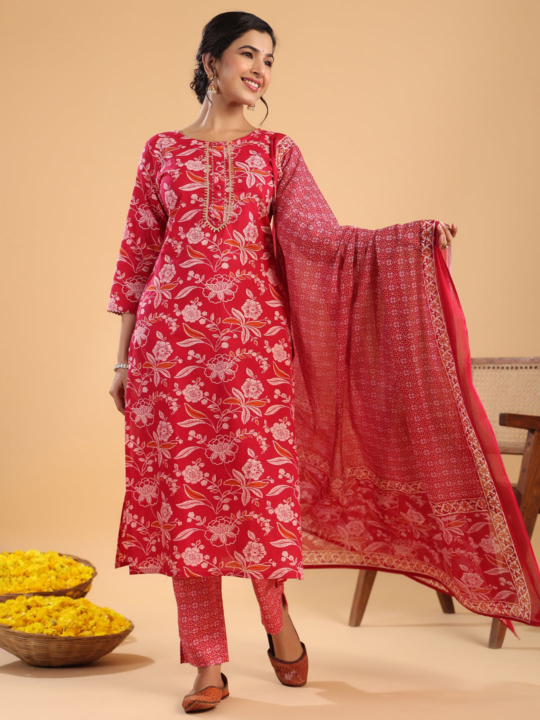 Janasya Straight Cambric Pink Floral Round Neck Set - Distacart